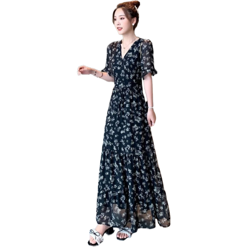皮爾卡丹（pierre cardin）連衣裙女2025新款高個(gè)子加長(zhǎng)版碎花雪紡?fù)系亻L(zhǎng)裙到腳踝超長(zhǎng)款夏季 黑色 XL 常規(guī)款(適合身高166以下)