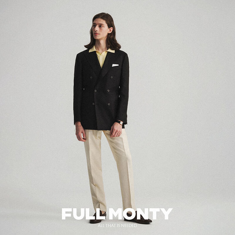 FULL MONTY【新品】西服外套男黑色人字纹双排扣西装上衣春夏枪驳领复古单西 黑色20050 46