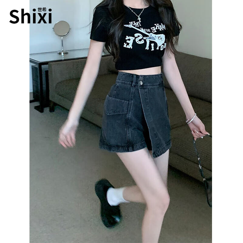 世希大碼女裝胖mm高腰牛仔短褲夏季不規(guī)則a字半身裙顯瘦直筒闊腿褲裙 黑灰色 4XL [建議165-175斤]