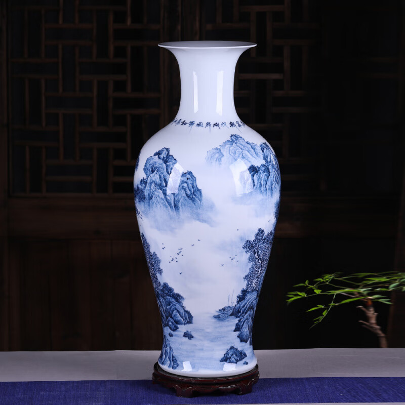 高檔花瓶風(fēng)水景德鎮(zhèn)陶瓷器景德鎮(zhèn)陶瓷器花瓶名師手繪大號青花山水 無