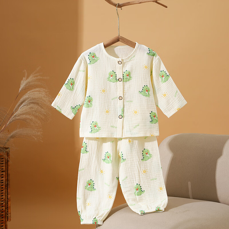 儿童睡衣夏季纯棉a类开衫外穿儿童家居服吸汗透气长袖女男童睡衣 爱心恐龙 130 cm