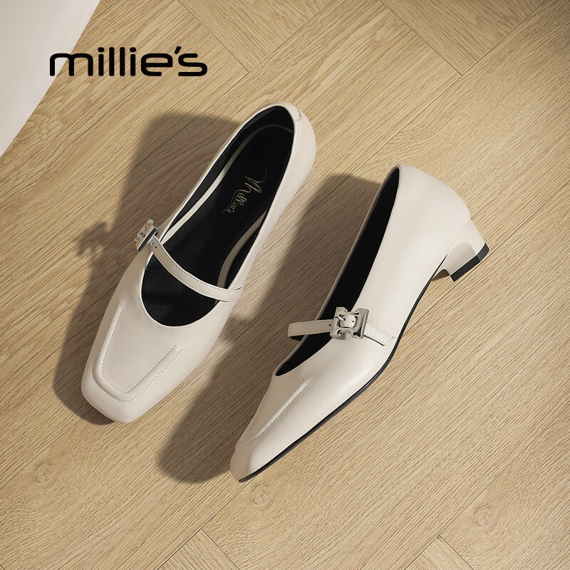妙丽玛丽珍鞋女低跟真皮浅口时尚百搭2025夏季新款百搭通勤单鞋 米白 37 (235mm) 标准码