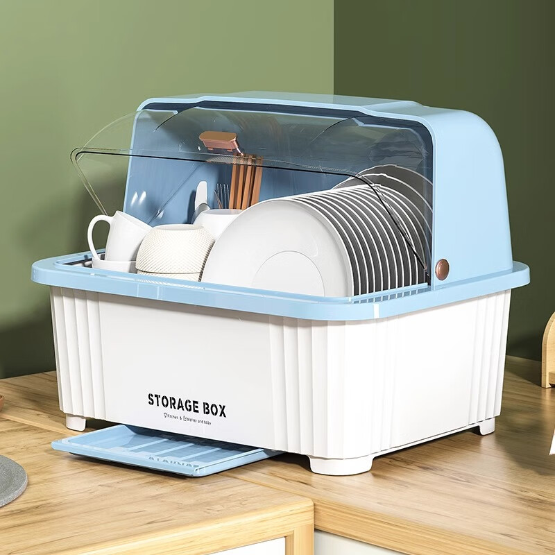 美余生活碗筷收纳盒碗柜带盖装餐具碗盘箱放碗家用置物厨房加厚沥水碗碟架 4-6人用【荧光绿】碗碟收纳架