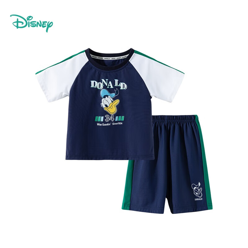 迪士尼宝宝(Disney Baby)童装男女儿童卡通短袖短裤套装中大童时尚休闲舒适新款夏季套装 ZD2ET013深蓝 120