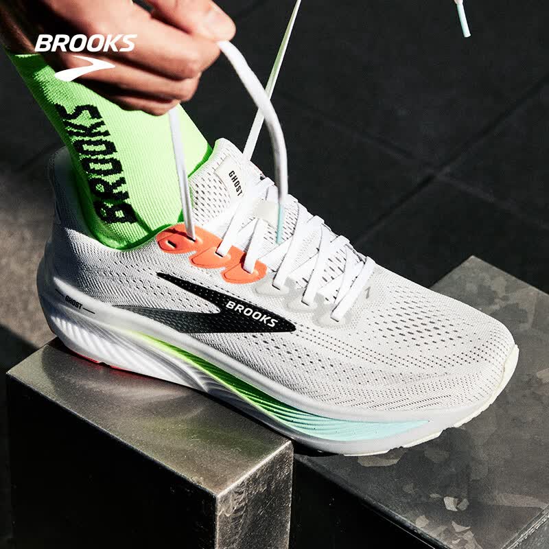布鲁克斯（BROOKS）GHOST幽灵17 跑鞋男款缓震运动跑步鞋 灰白/陶木粉橙/壁虎绿 43