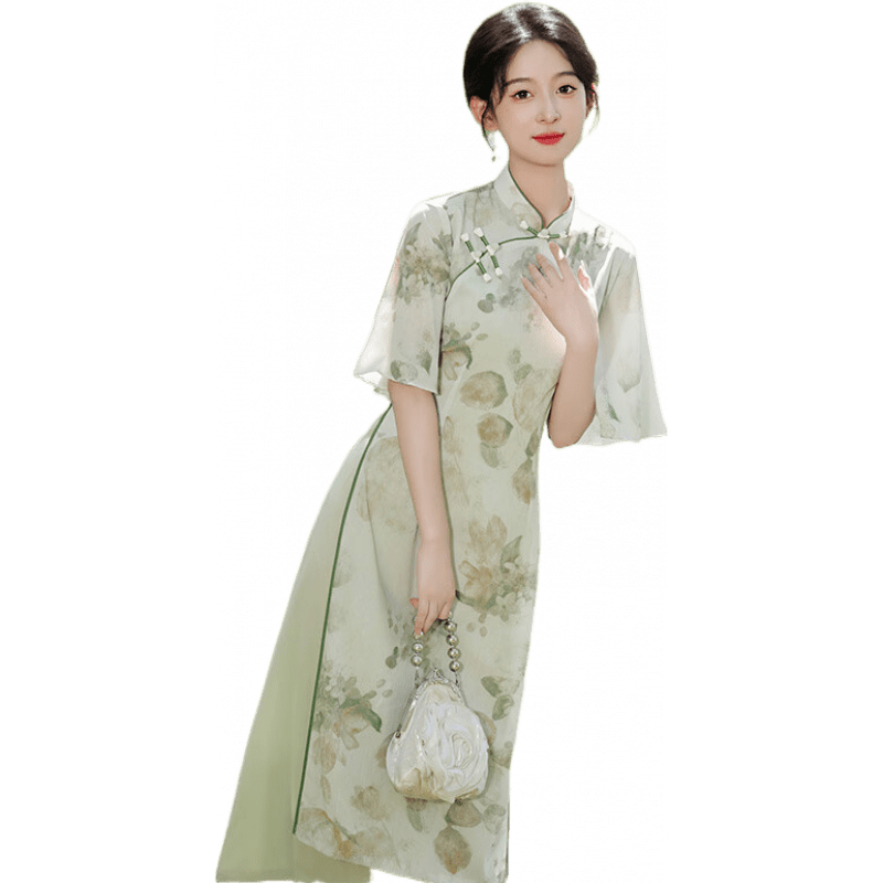 皮爾卡丹（pierre cardin）新中式復(fù)古中國風(fēng)改良奧黛旗袍2025新款高級感日?？纱┪乃嚥杷嚪?花間意 奧黛 S