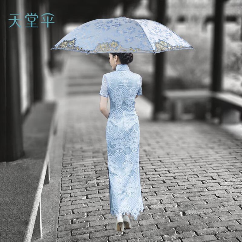 天堂傘黑膠防曬繡花傘防紫外線刺繡太陽傘女神折疊晴雨兩用遮陽傘定制傘 珊瑚粉【海棠未雨】