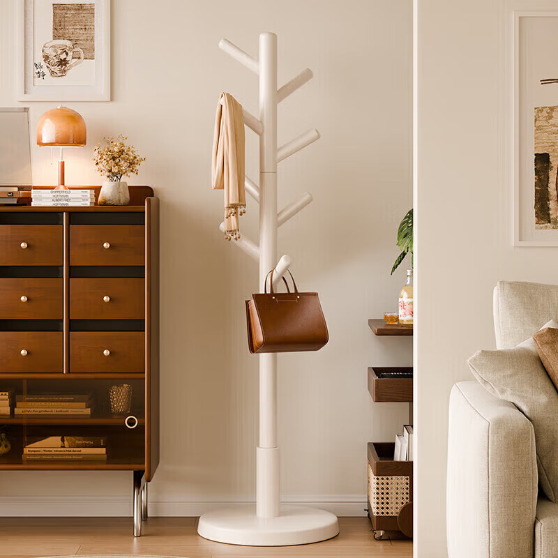 家逸实木加粗衣帽架衣架落地卧室办公挂衣架 圆盘衣架  白色