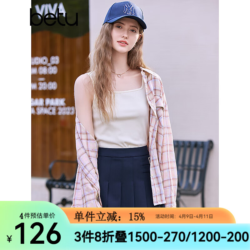 百圖betu女裝2025春季新款襯衫美式復(fù)古寬松格子開衫外套女2502T33 粉紅 M