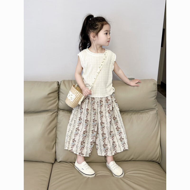 G.duck女童夏季套装2026新款小女孩无袖T恤上衣夏装碎花直筒休闲裤套装 米白色抽绳背心+碎花阔腿裤 100 码（身高80-90cm）