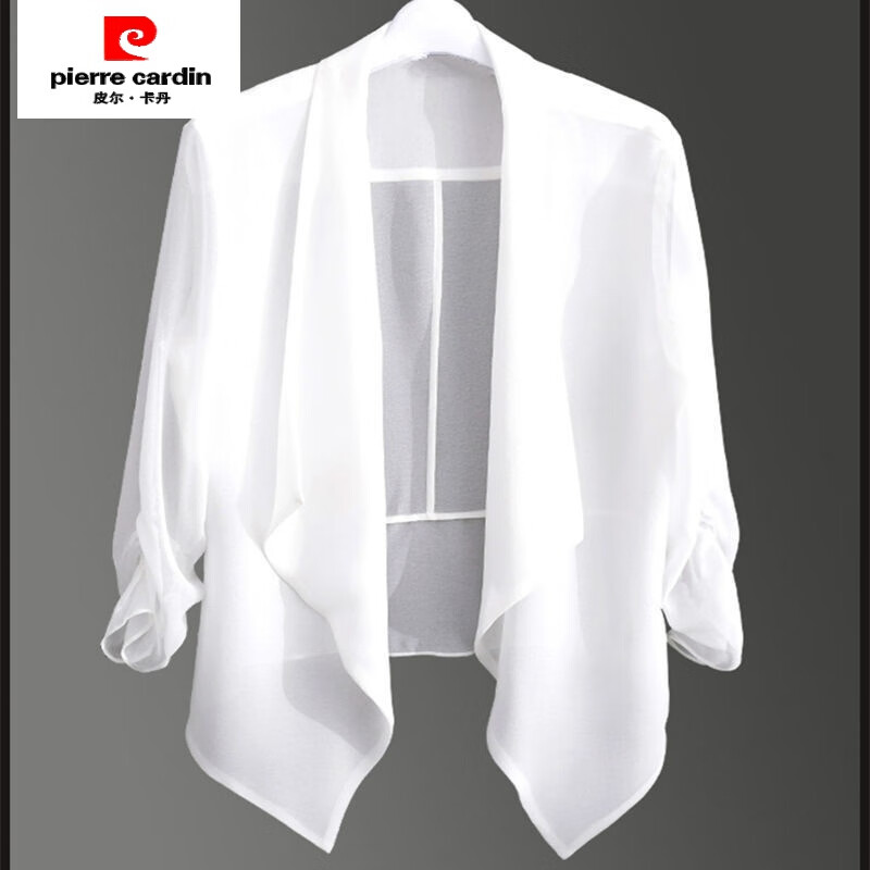 皮爾卡丹（pierre cardin）披肩外搭女夏季配裙子薄款空調(diào)衫休閑小西裝外套防曬中袖雪紡上衣 白色【雪紡防曬衣】 5XL 建議152-165斤