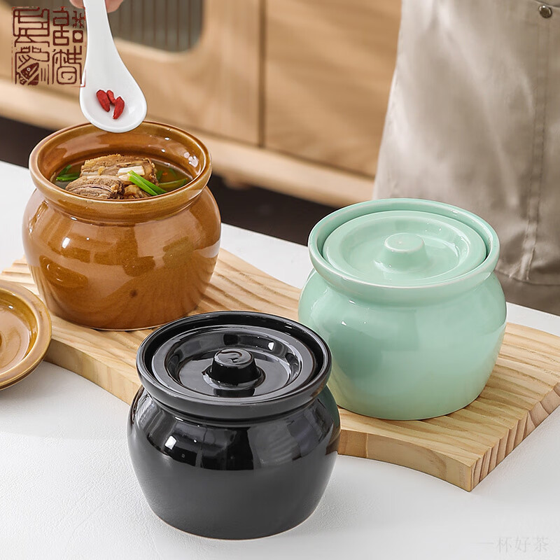 希格鲨炖盅瓦罐隔水炖一人食蒸蛋炖罐带盖汤罐蒸碗中式沙县陶瓷煨汤汤盅 4个装加厚l瓦罐煨H 10.5cm 469ml