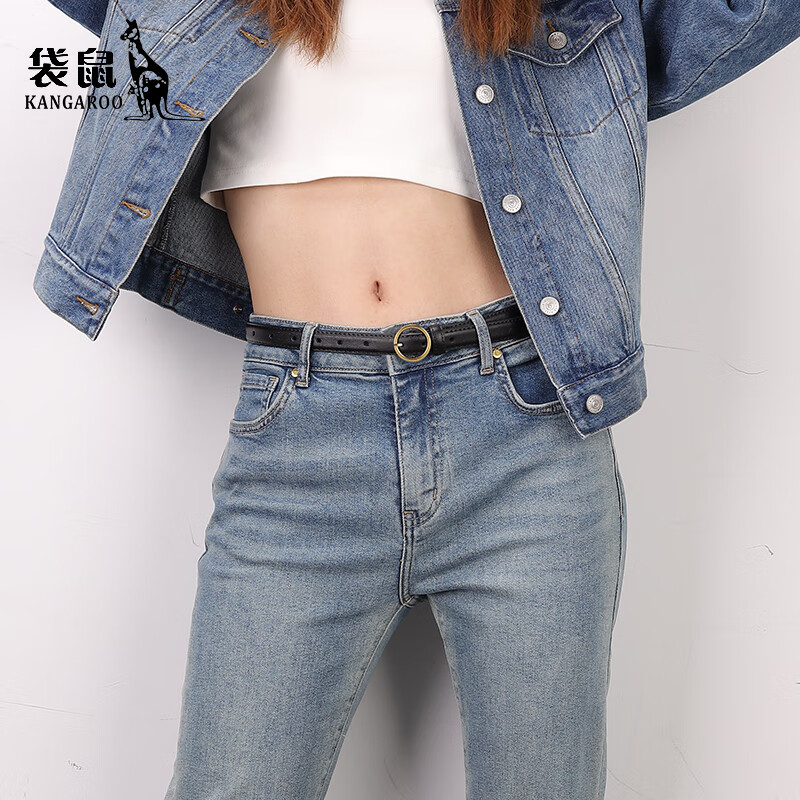 袋鼠腰带女款设计感小众皮带女2025新款配牛仔裤高级感真皮细裤带女士 6211黑-优质真皮-带宽2.7 100cm