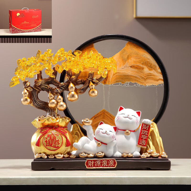 歐梵普（oufanpu）招財貓發(fā)財樹擺件開業(yè)禮物店鋪前臺流沙畫裝飾品客廳喬遷新居禮物 招財貓擺件【金袋+黃沙】禮盒裝 【財源滾滾-招財聚寶】