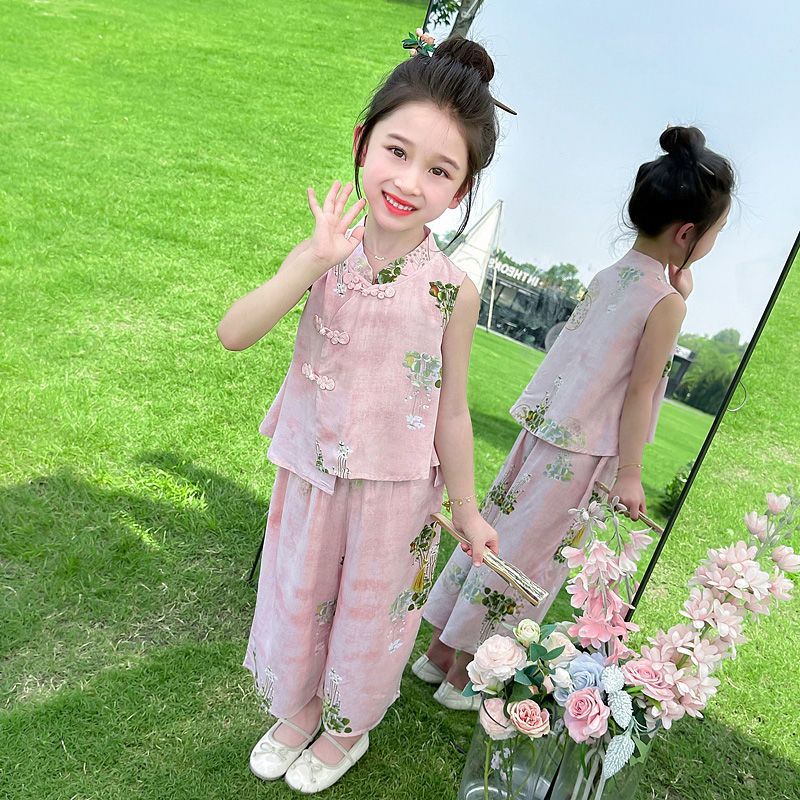 G.duck童装女童中式国风套装2026新款儿童夏季汉服洋气宝宝两件套夏装 粉色-套装 120 码(身高100-110cm)