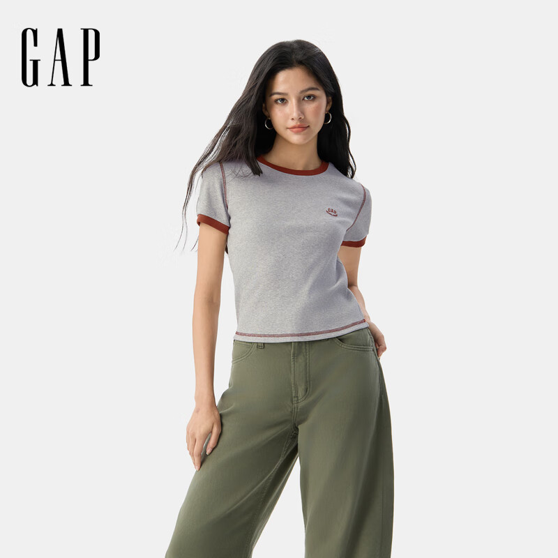 GAP女装夏季款刺绣logo撞色包边坑条短袖T恤修身上衣766080 浅灰 S (160/80A) 亚洲尺码
