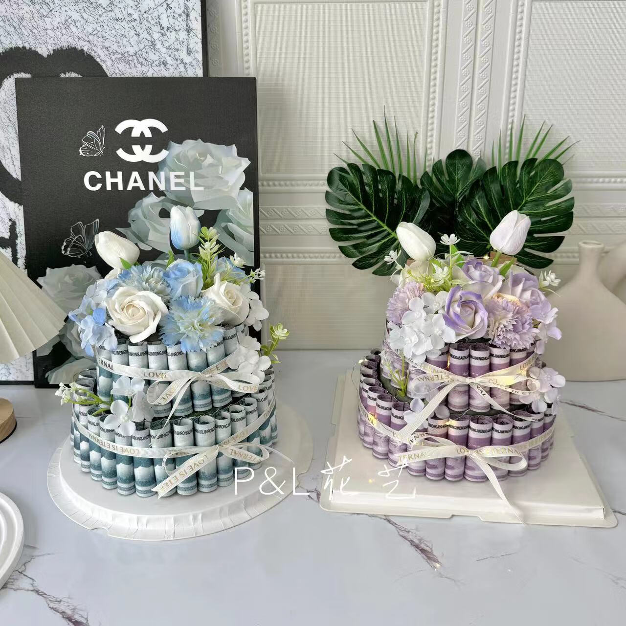 臣祥零食蛋糕diy材料帶禮盒有錢花花束蝴蝶盒亞克力禮盒包生日節(jié)日女 圓形蛋糕盒單層紫色皂花材料包