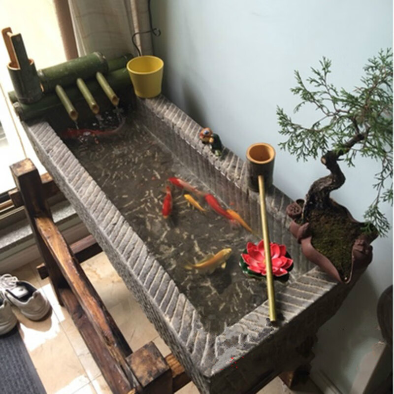 舞万花老石槽鱼缸石盆花盆马槽洗手盆养鱼池石雕木架子石磨竹子流水