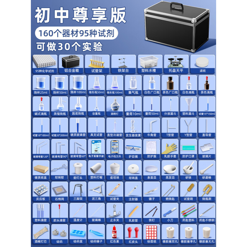 馭帥化學(xué)實(shí)驗(yàn)器材全套初中化學(xué)套裝試劑實(shí)驗(yàn)箱高中初三鐵架臺蒸餾裝置提純用燒瓶儀器人教版水果電池實(shí) 化學(xué)實(shí)驗(yàn)箱【尊享款】160器材/送95種試劑