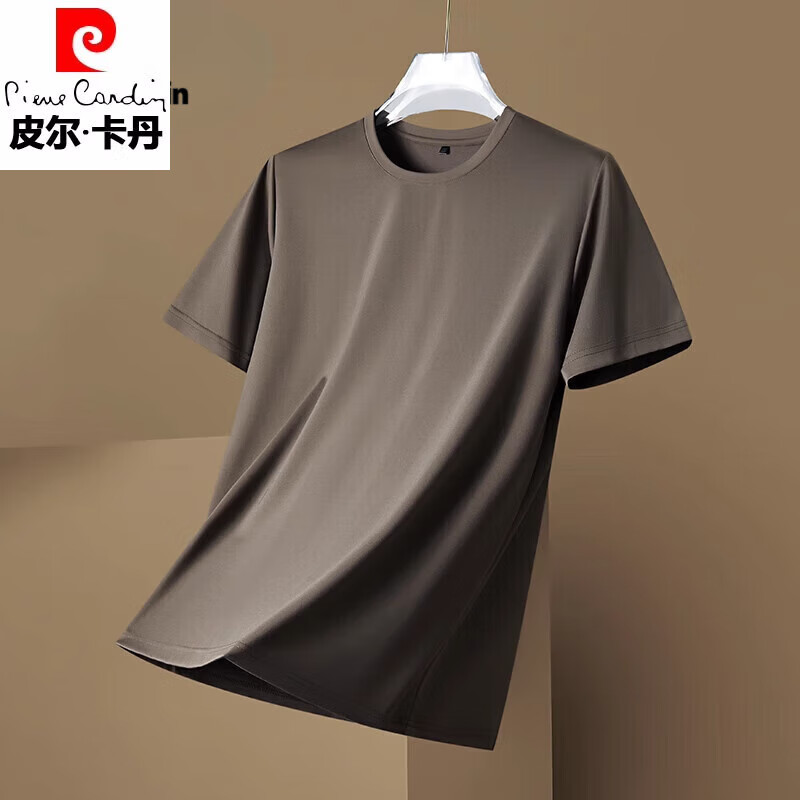 皮尔卡丹（pierre cardin）含桑蚕丝短袖t恤男士夏季凉感垂感无痕圆领体恤衫 卡其【3310】圆领 M 165 【适合体重90-120斤】