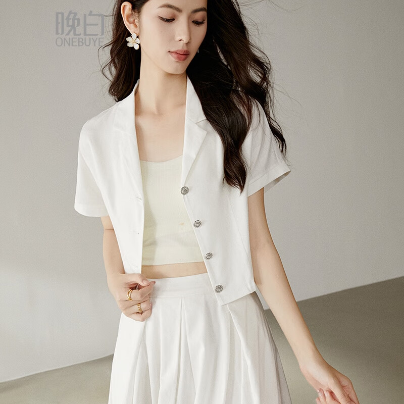 晚白【断码清仓】2025夏款含棉小个子上衣短袖外套精致短款衬衫女 白色 L