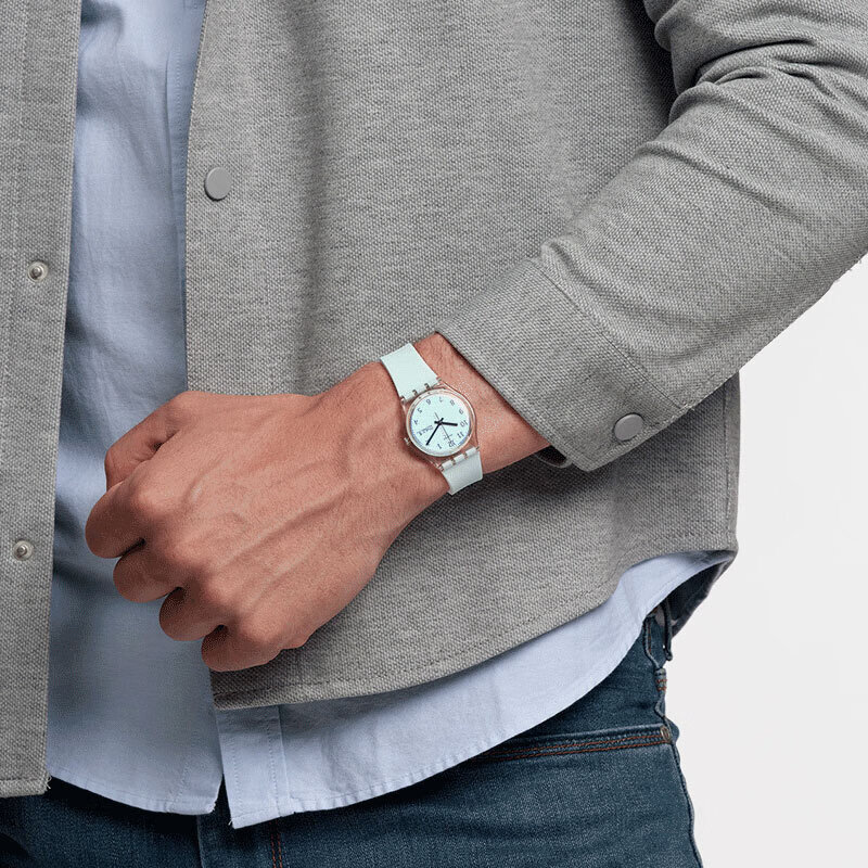 斯沃琪（Swatch）瑞士手表  无尽天蓝生日礼物双日历男女学生石英腕表 天蓝色 34mm