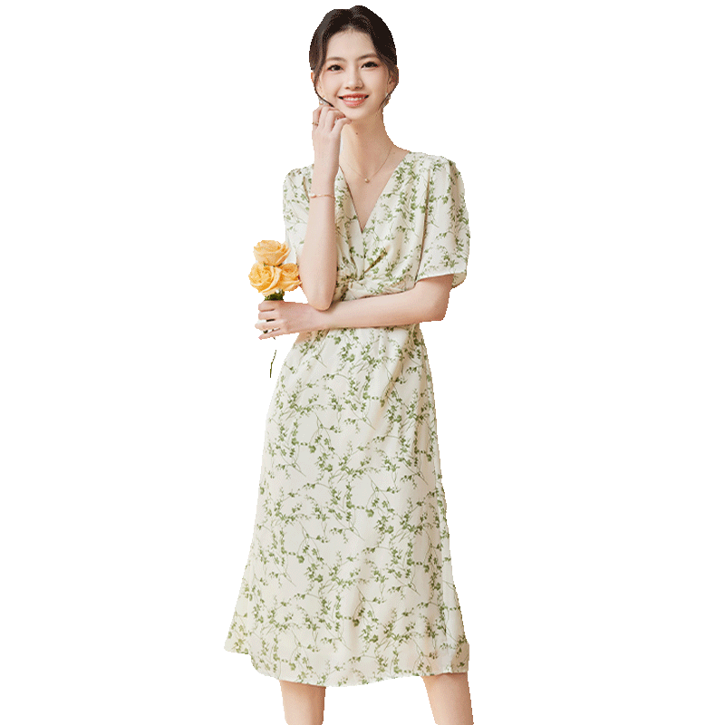 品彩（PinCai）连衣裙女温柔风碎花短袖连衣裙V领时尚A字中长裙 P132Q1227