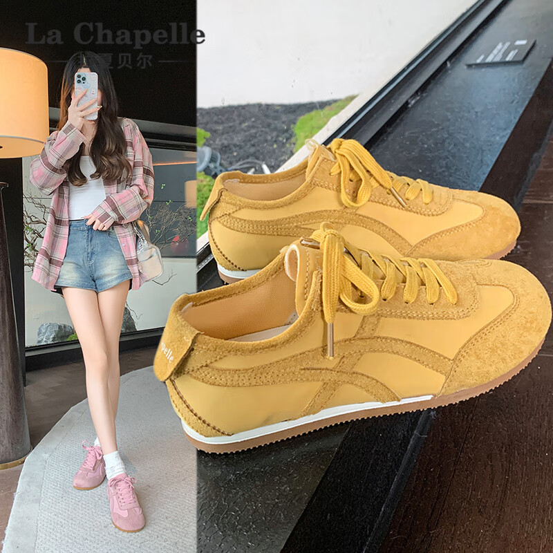 拉夏贝尔女鞋徳训鞋女百搭薄底休闲鞋低帮轻便软底运动板鞋子女 黄色 37