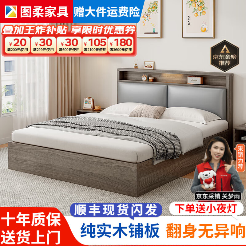 圖柔實(shí)木床簡(jiǎn)約現(xiàn)代主臥家用單人床出租房用軟包 橡木灰色單床+床頭柜*2 1.8*2米