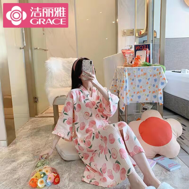 潔麗雅 GRACE睡裙女夏棉質(zhì)紗布和服睡袍棉麻薄款日系式浴袍汗蒸服和風睡衣春秋 664水蜜桃 S 75-85斤