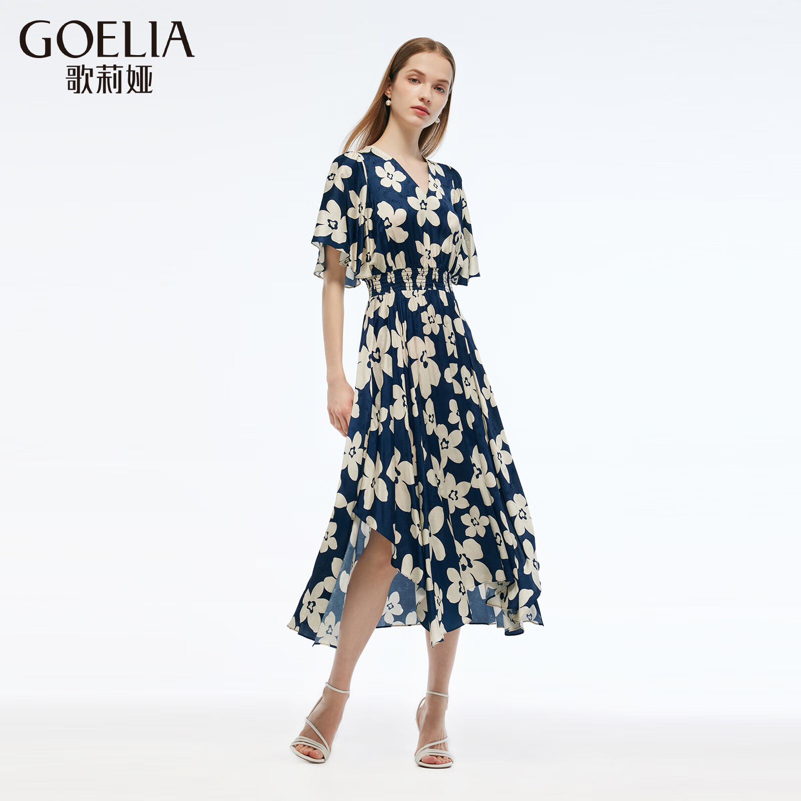 歌莉娅碎花连衣裙夏季新品人丝人棉印花长款海边约会长裙子1E6R4K880 0DD静谧蓝影橘子花印花 L