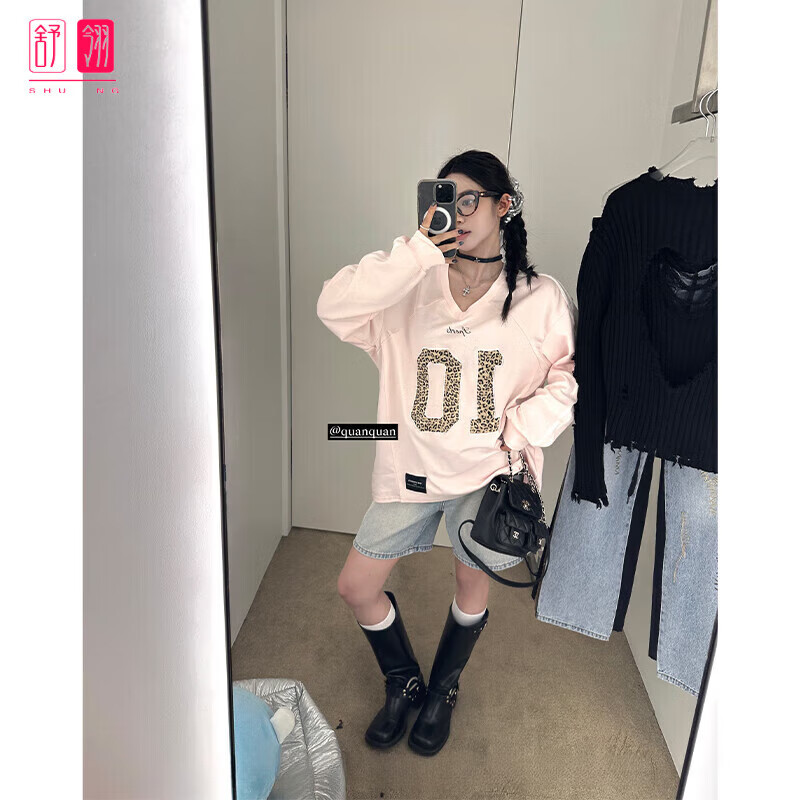 舒翎2025春夏季百搭显瘦美式复古设计感卫衣运动风豹纹字母长袖T恤女 粉色 S 推荐85-100斤