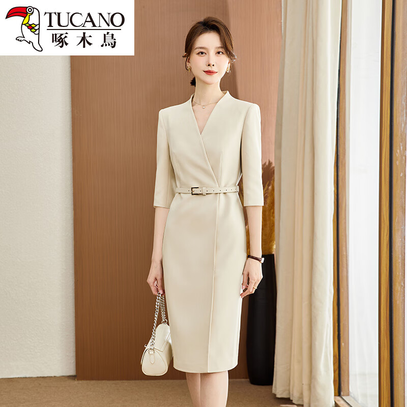 啄木鳥(niǎo)2025新款商務(wù)正裝高端連衣裙女夏季正式場(chǎng)合氣質(zhì)通勤職業(yè)裝西裝裙 米白七分袖連衣裙 L