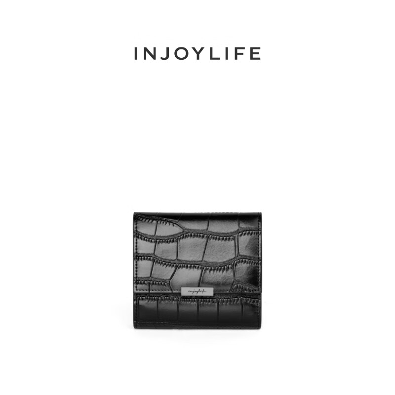 INJOYLIFE錢包女鱷魚紋真皮折疊優(yōu)雅短款錢夾女生三折小皮夾 黑色