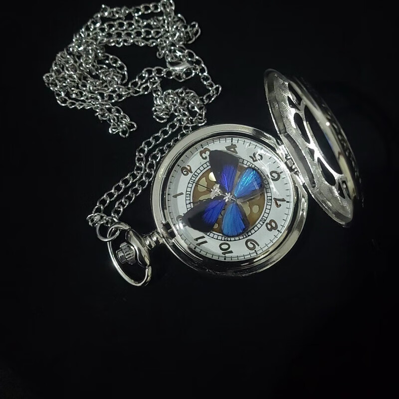霜魄蝴蝶标本怀表蝴蝶怀表可动送闺蜜小礼物送朋友生日礼物便宜显 蓝色款雅灰蝶怀表默认银色 银色镂空花瓣金面