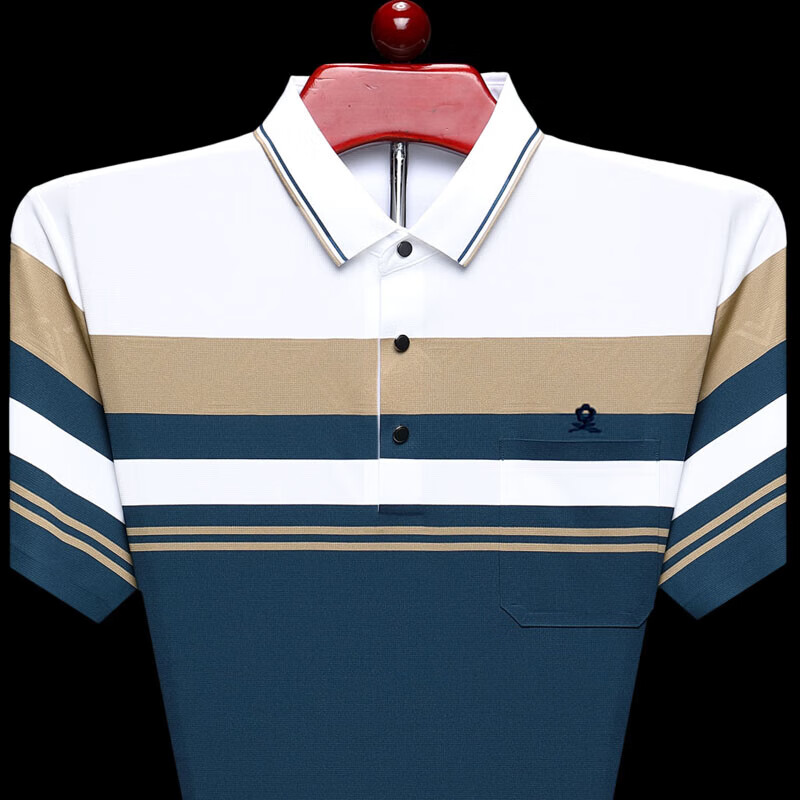 梦特娇（MONTAGUT）短袖t恤男休闲翻领POLO衫2024夏季桑蚕丝爸爸口袋条纹T恤 蓝色 S 165/84A