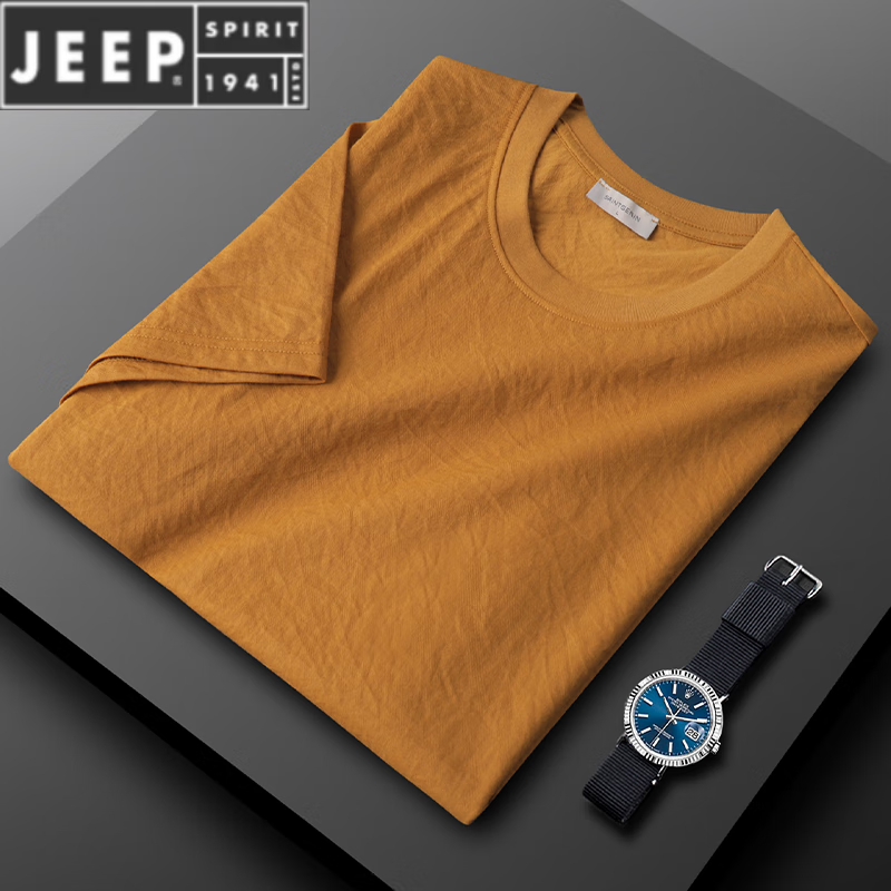 JEEP SPIRIT透氣天絲棉麻短袖t恤男夏季新款半截袖棉t男士麻料體恤衫亞麻 姜黃 XL 適合140斤以內(nèi)