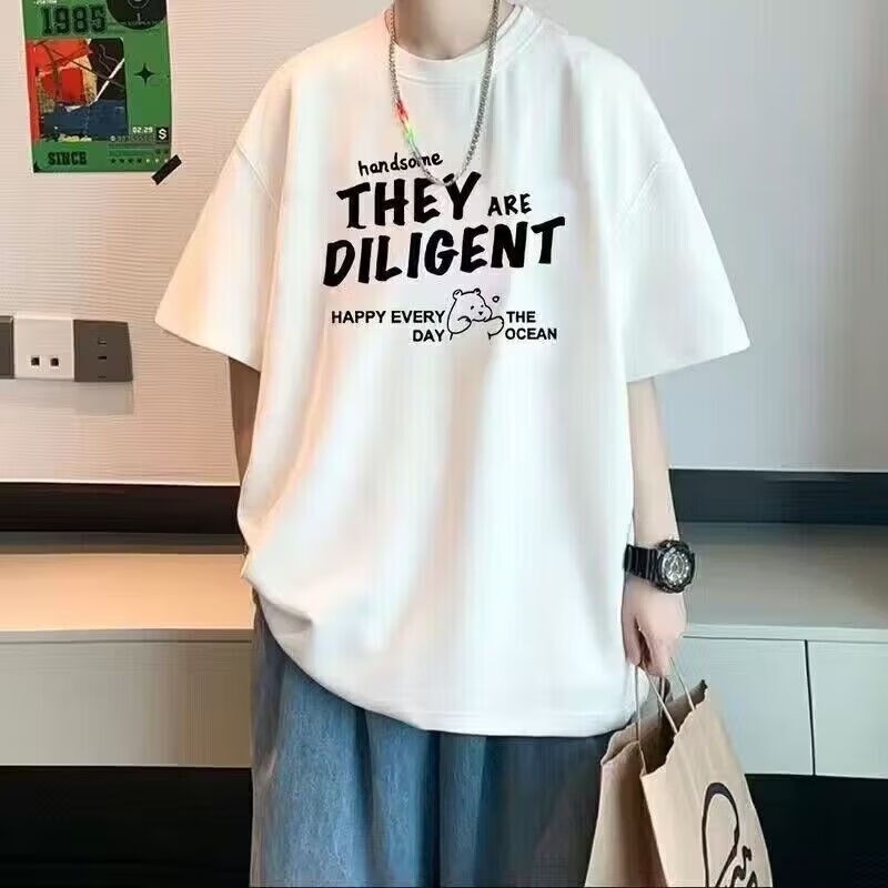 |短袖t恤男2024夏季新款五分袖t恤男装衣服百搭港风潮牌半袖男体恤 白色【THEY】 L