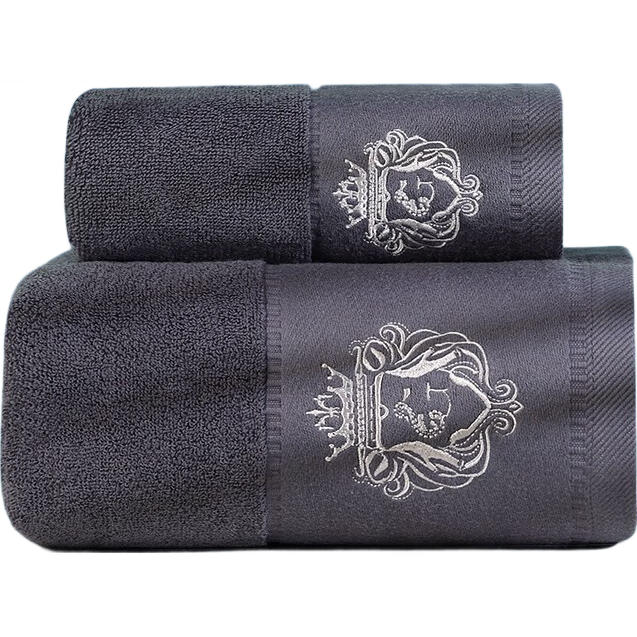 洁丽雅（Grace）酒店浴巾家用纯棉1浴巾+1毛巾组合装 柔软吸水全棉刺绣裹巾 深灰