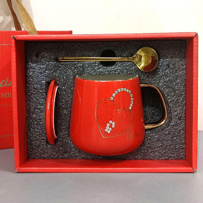 賽太太創(chuàng)意高顏值鑲鉆陶瓷馬克杯帶蓋勺咖啡杯情侶水杯子生日禮物送女友 忠心鎖【紅色】