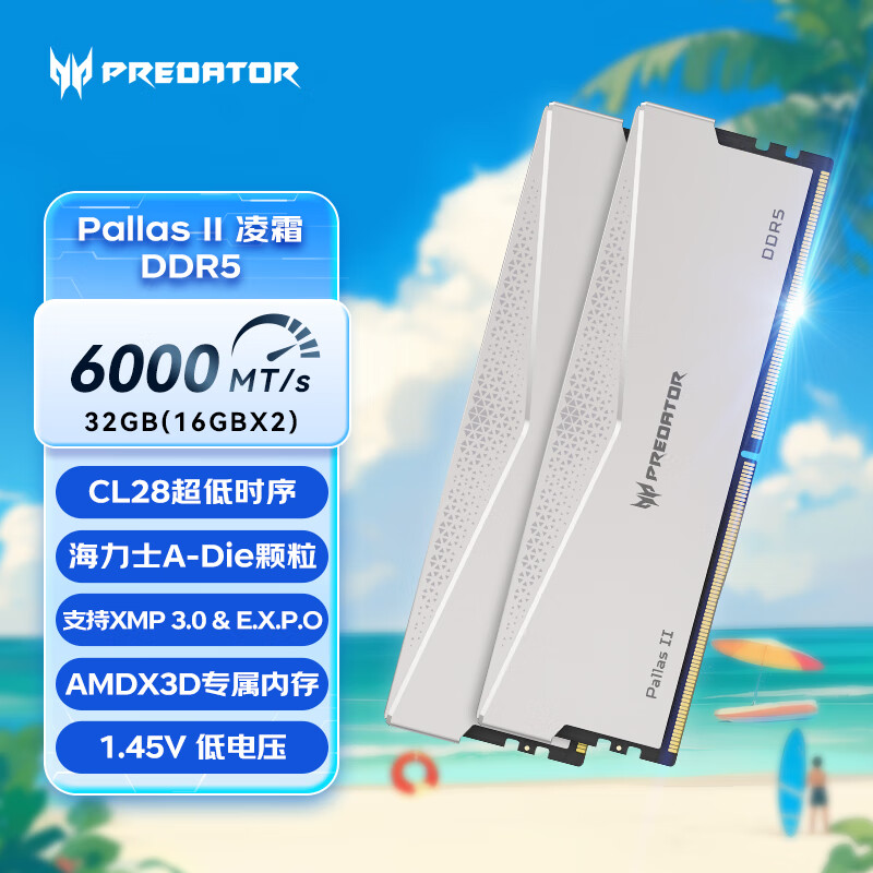 宏碁掠夺者（PREDATOR）32G(16G×2)套装 DDR5 6000频率 台式机内存条 Pallas II 凌霜系列（C28）星光银 AI电脑存储配件