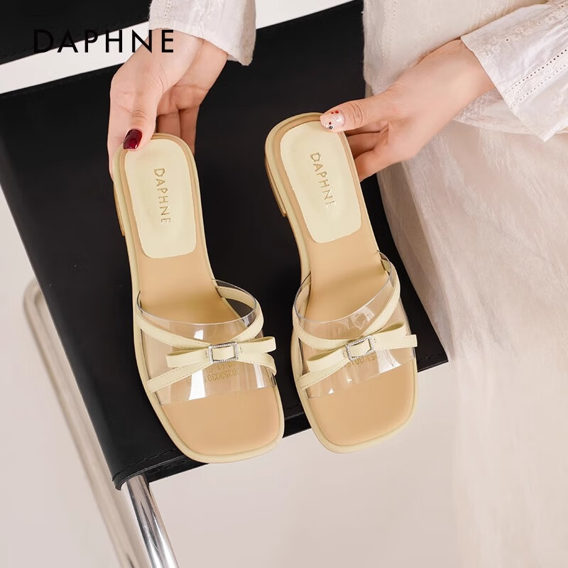 达芙妮拖鞋女外穿2025新款夏季粗跟凉鞋女法式气质仙女风配裙子凉拖鞋LP 豆绿色 37