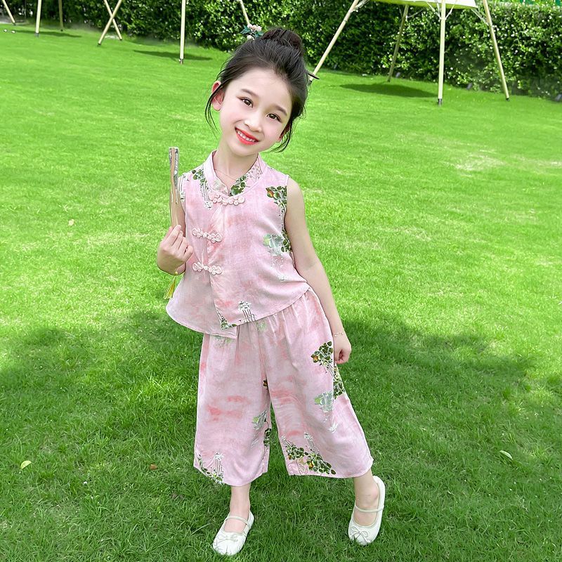 G.duck童装女童中式国风套装2026新款儿童夏季汉服洋气宝宝两件套夏装 粉色-套装 120 码(身高100-110cm)