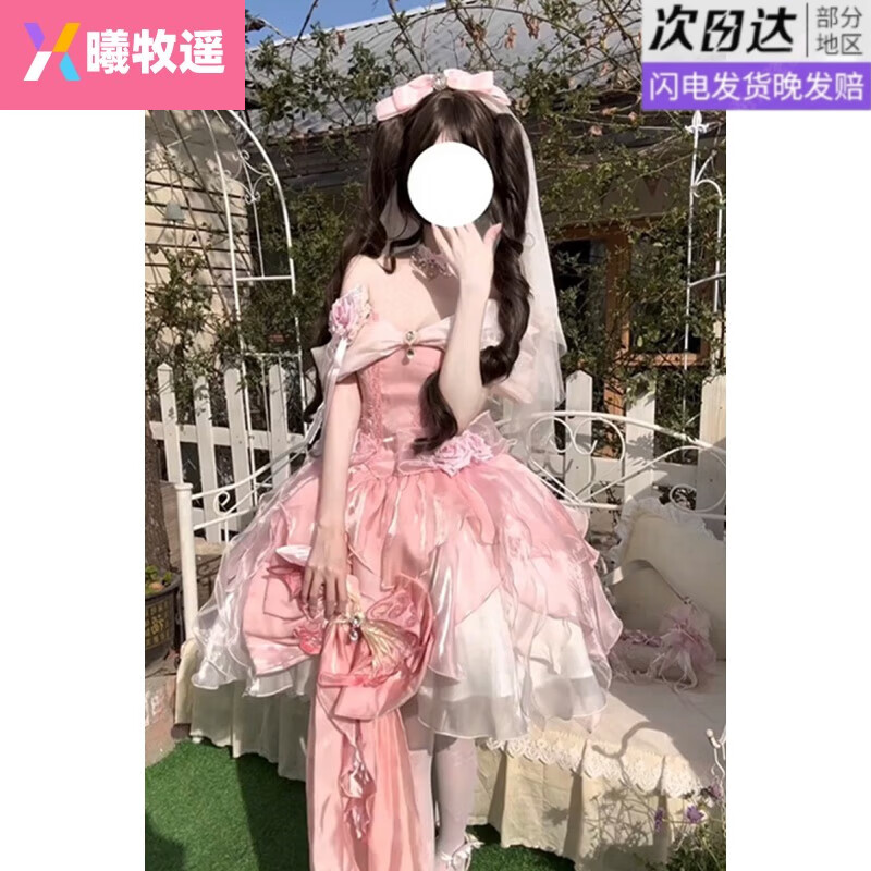 NYCKJK日系可愛小花仙甜妹風(fēng)ita連衣裙洛麗塔一字肩軟妹 櫻花粉 S