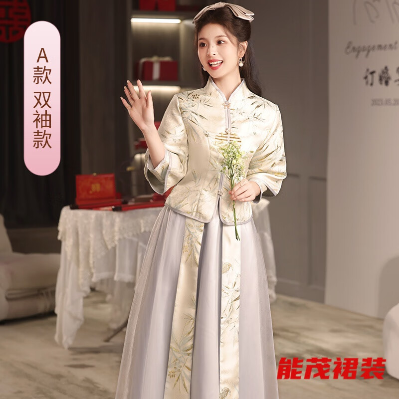 萱眸新中式伴娘服新款四季中國風婚禮秀禾顯瘦姐妹服伴娘團禮服 中式灰色竹鳥套袖A雙袖款 M