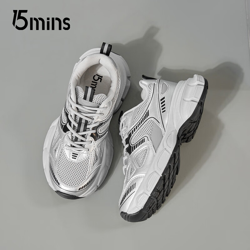 15MINS老爹鞋女秋冬2025年新款增高厚底鞋百搭运动休闲鞋透气网面鞋女鞋 银色【厚网】 37