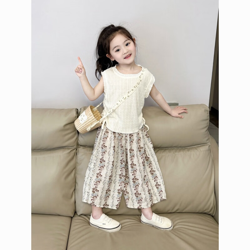 G.duck女童夏季套装2026新款小女孩无袖T恤上衣夏装碎花直筒休闲裤套装 米白色抽绳背心+碎花阔腿裤 100 码（身高80-90cm）
