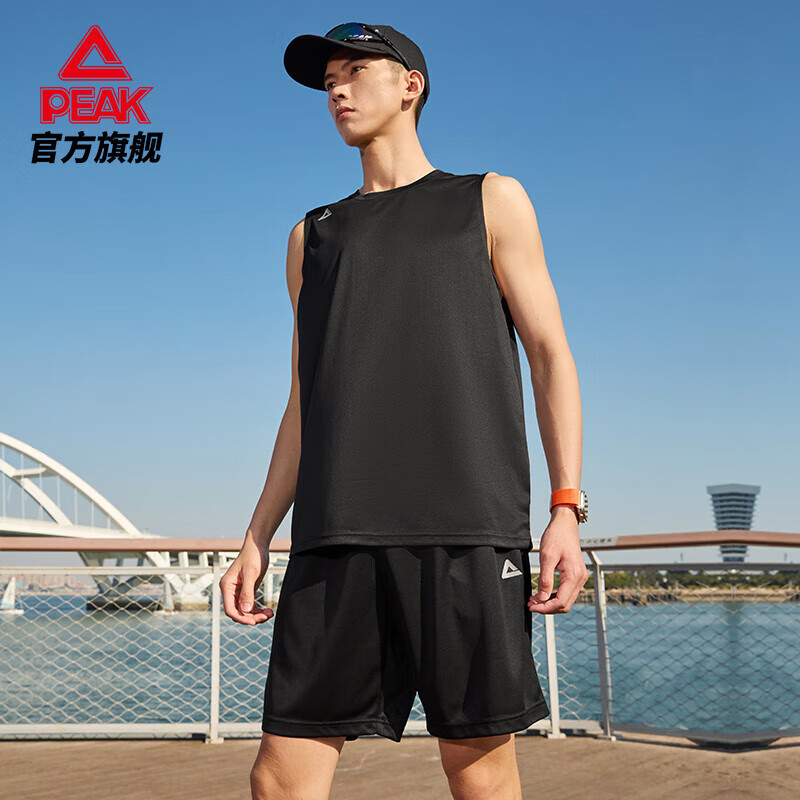 匹克速干运动套装男女夏季新款吸湿排汗无袖背心短裤健身跑步两件套 黑色 M