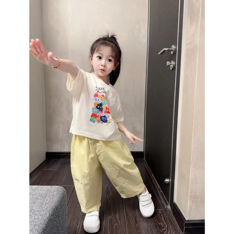 史努比女童夏季套裝新款兒童褲子短袖印花上衣女寶寶夏裝女童夏裝套裝潮 米白色短款+黃色褲子(套裝) 100 cm