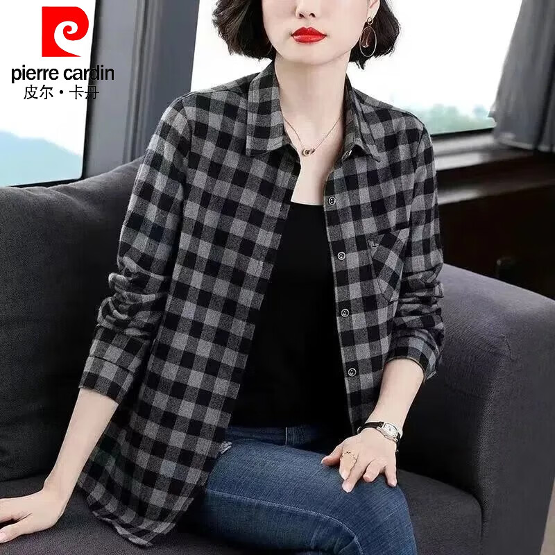 皮尔卡丹(pierre cardin)纯棉大码女装格子衬衫中年妈妈长袖衬衣韩版宽松显瘦打底衫 灰黑色格子 6XL 京东折扣/优惠券
